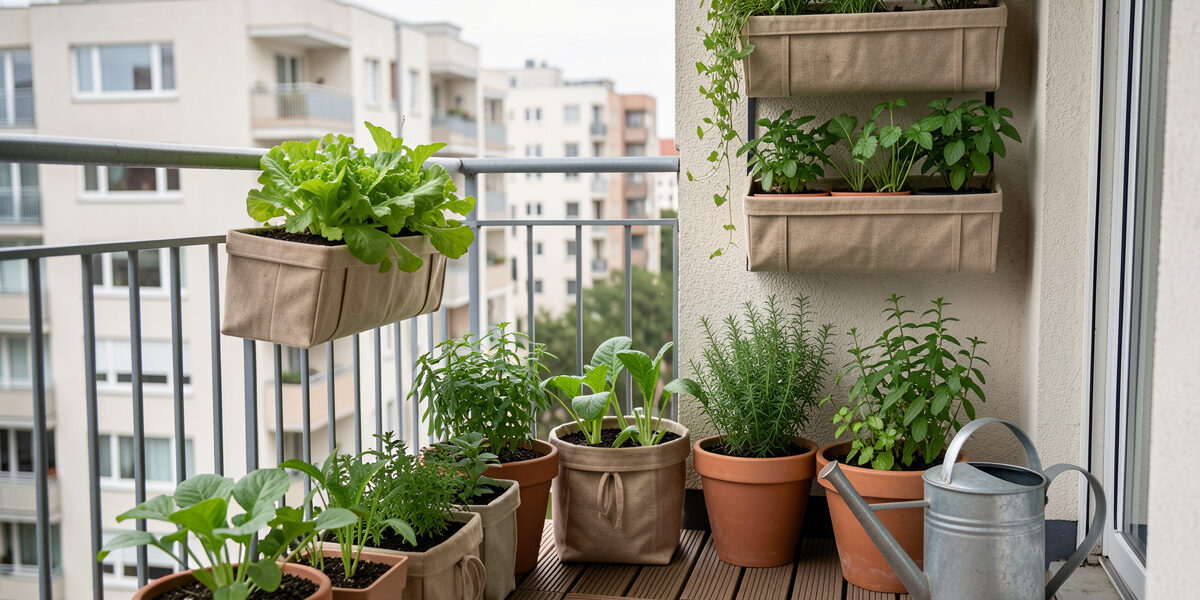 Small balcony garden with containers of leafy greens, herbs and a vertical plant shelf on a city apartment balcony