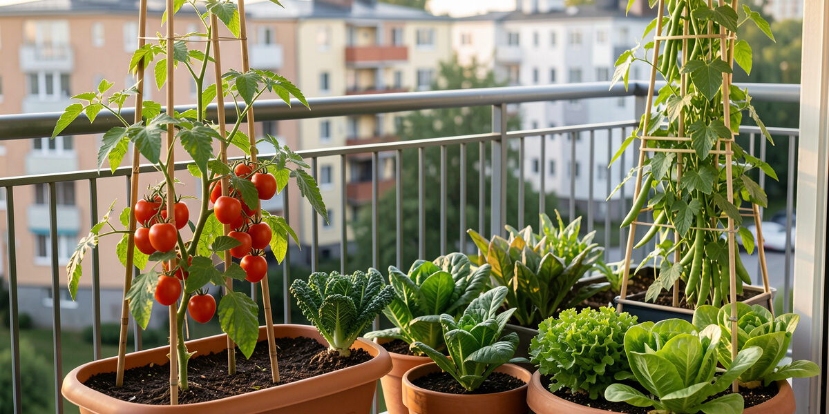 Balcony vegetable garden with staked cherry tomatoes, kale, lettuce and peas in deep containers along an apartment railing