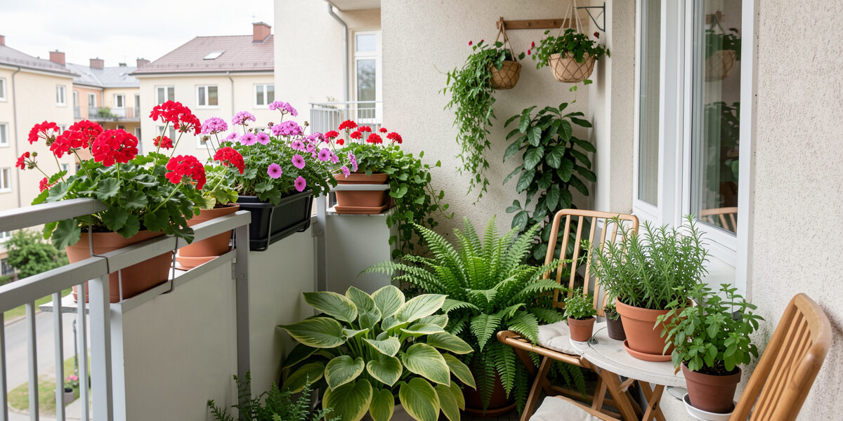 Apartment balcony with shade-tolerant hostas and ferns near the wall and sun-loving geraniums and herbs at the railing