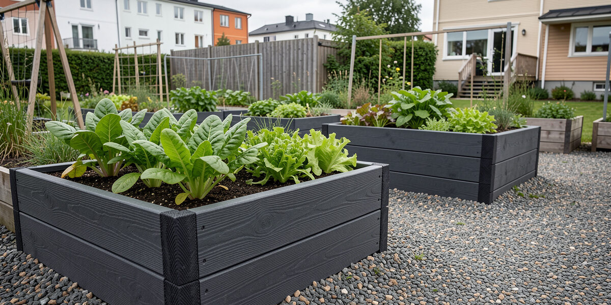 Raised garden beds built from recycled plastic composite boards planted with chard and salad greens in a small urban garden