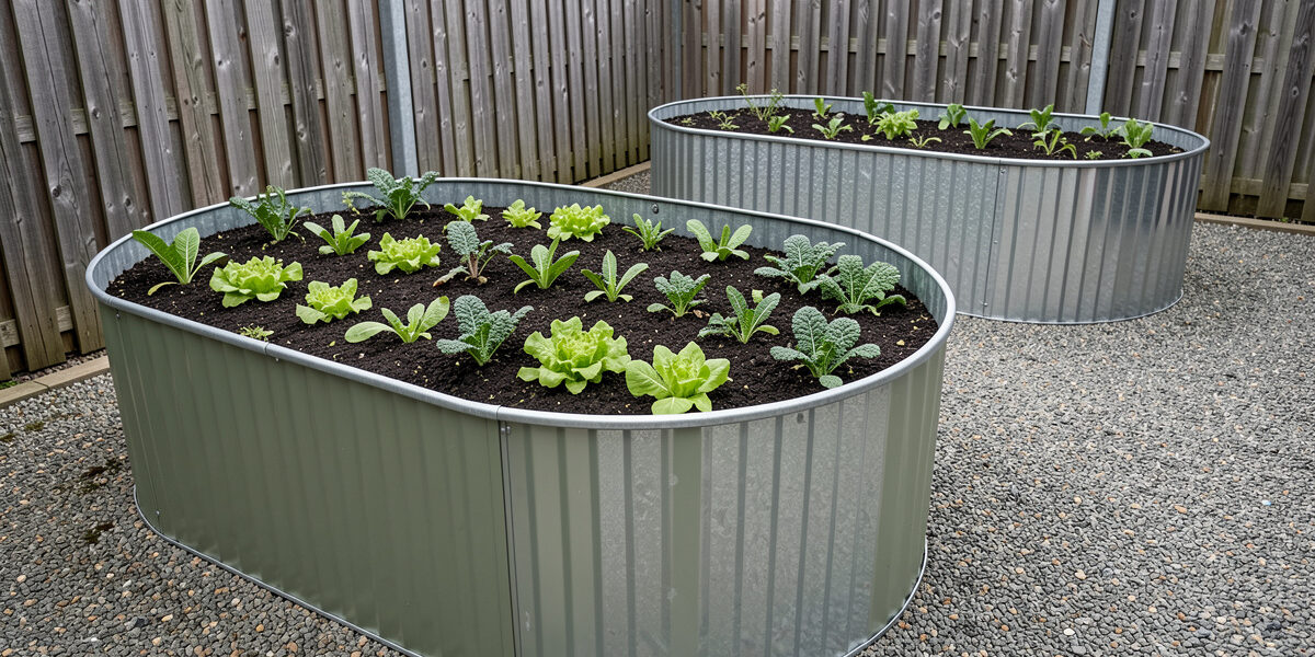Tall corrugated galvanized steel raised garden beds filled with soil and young lettuce and kale seedlings in an urban backyard