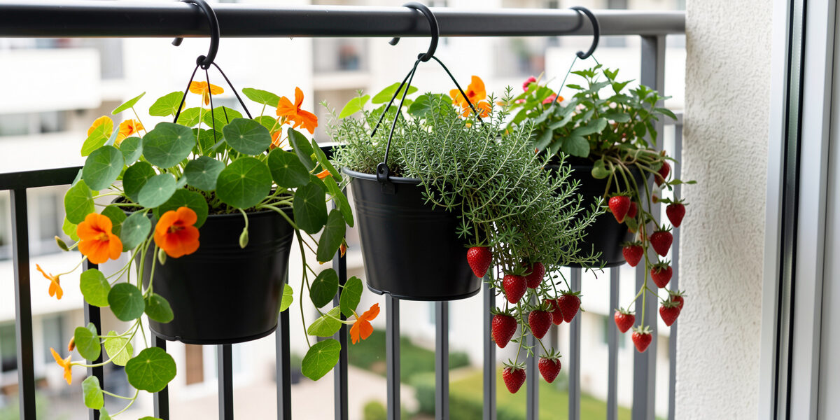 Black metal hanging planters hooked over the outside of a balcony railing with trailing nasturtiums, strawberries and thyme
