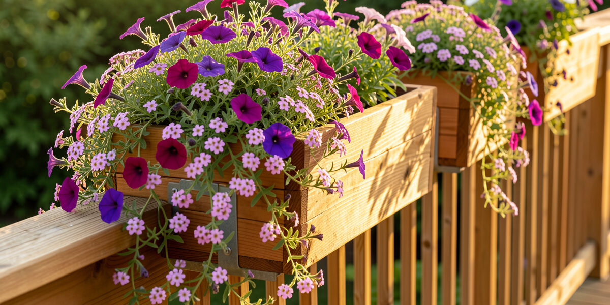 Cedar deck rail planters with metal brackets mounted on a wooden railing, overflowing with trailing petunias and alyssum
