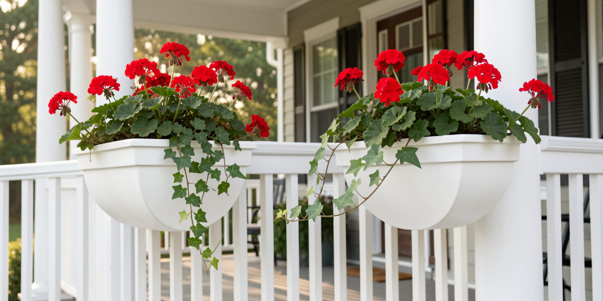 White saddle-style over-the-rail planters straddling a porch railing, planted with red geraniums and trailing ivy