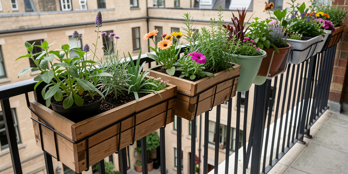 Several types of railing planters side by side on a balcony rail, metal hook-on, wooden box and saddle designs with flowers and herbs