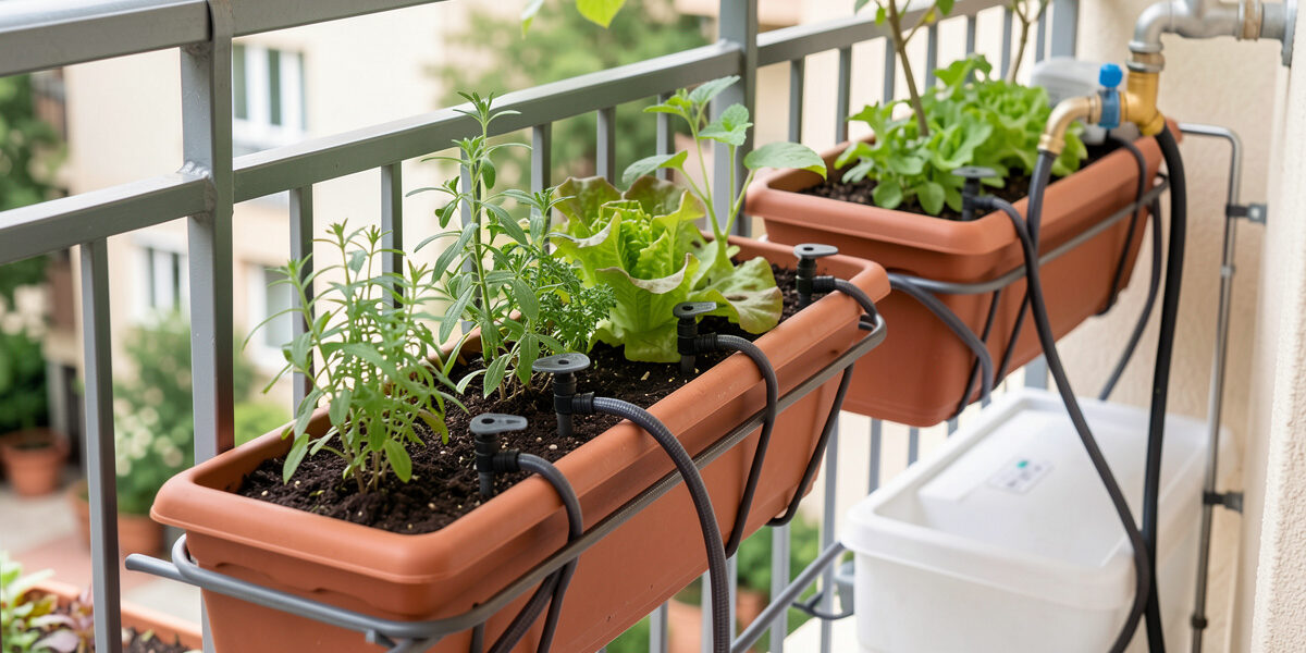 Balcony drip irrigation system with tubing, drip emitters and a timer watering railing planters of herbs and lettuce