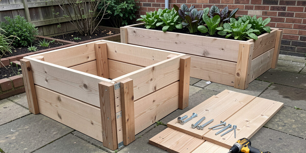 Flat-pack raised garden bed kit being assembled on a patio, panels slotting into corner posts with a planted bed behind