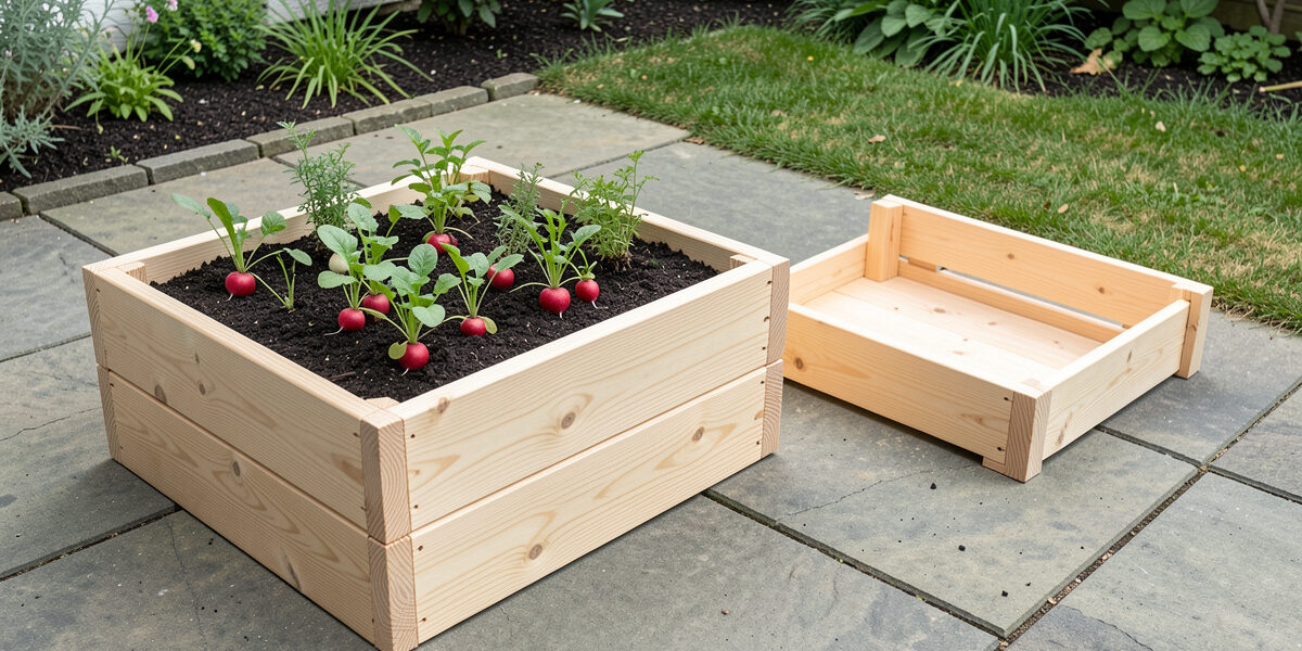 Small square pine raised garden bed kit freshly assembled on patio slabs, planted with radish and herb seedlings