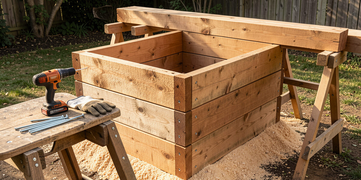 Half-built DIY sleeper planter box with stacked timber sleepers, cordless drill and screws on a sawhorse in a backyard