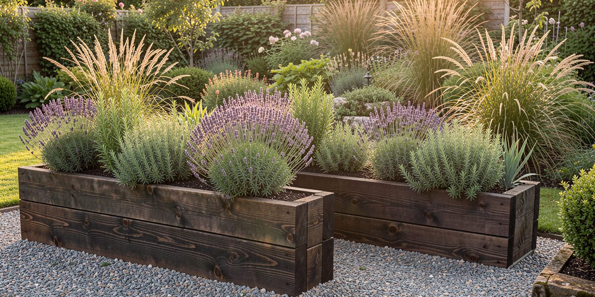 Finished chunky oak sleeper planters planted with lavender, rosemary and ornamental grasses in an established garden