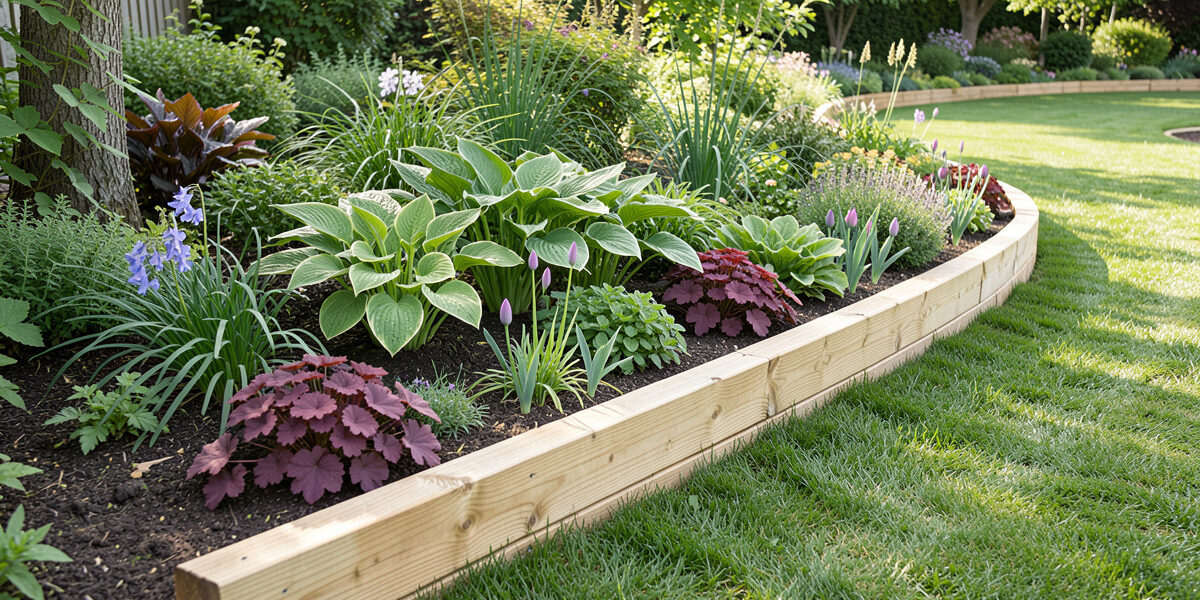 Raised garden border retained by low timber edging along a lawn, planted with hostas, heuchera and spring bulbs