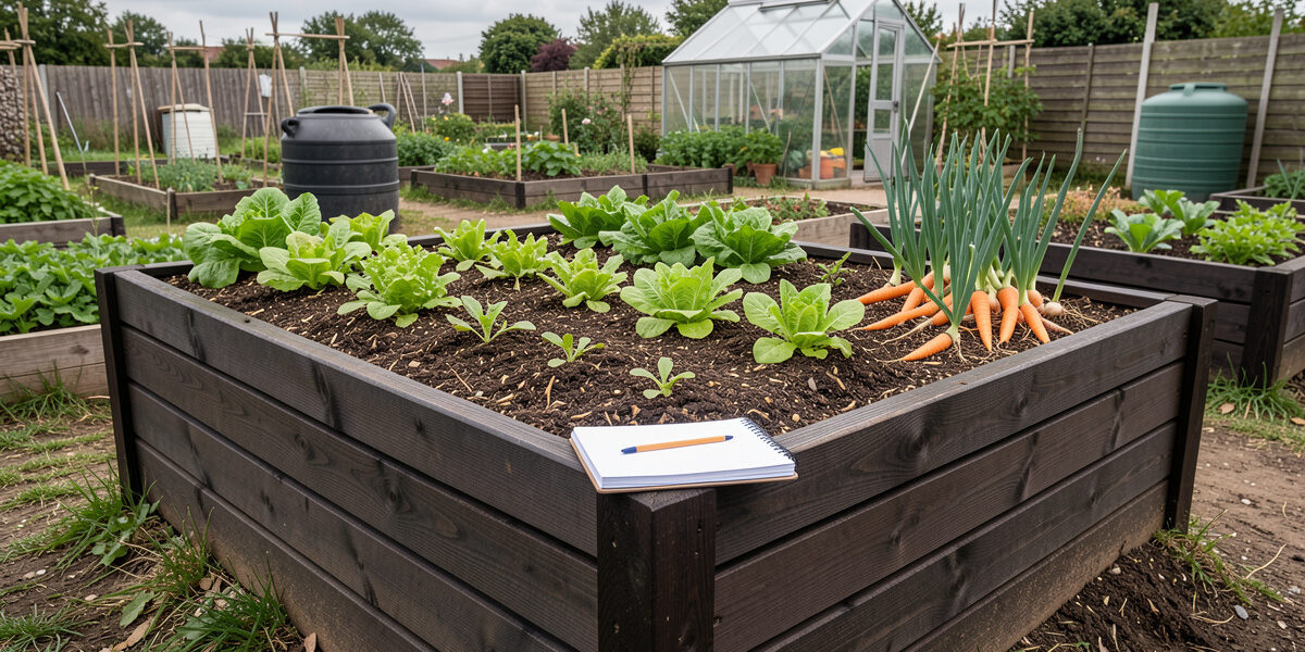 Deep slatted timber raised vegetable bed with young lettuce, carrots and onions in a kitchen garden with greenhouse behind
