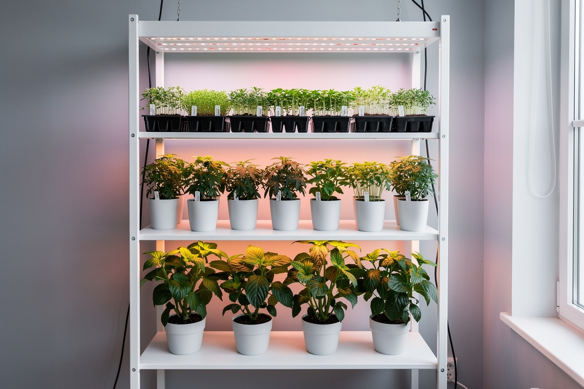 Indoor growing shelf with adjustable LED panels at different heights