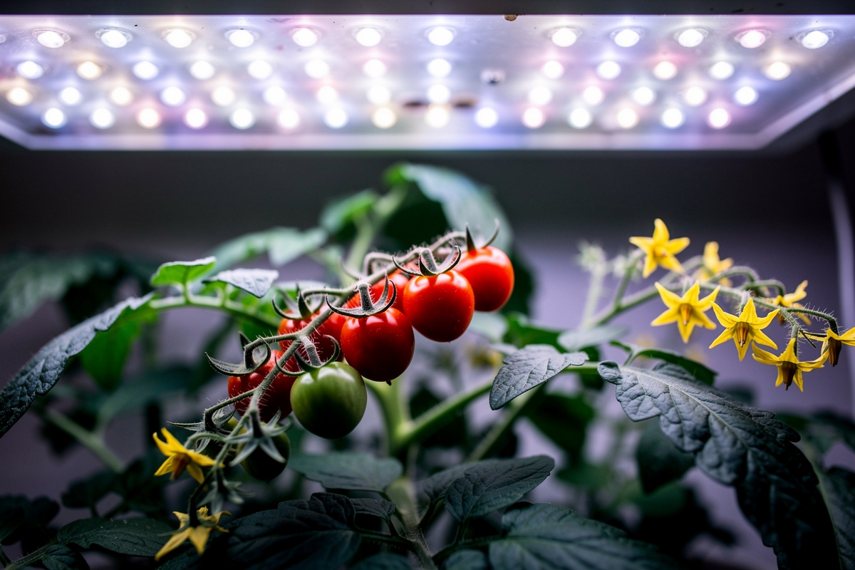 Indoor cherry tomato plant with fruit growing under LED panel