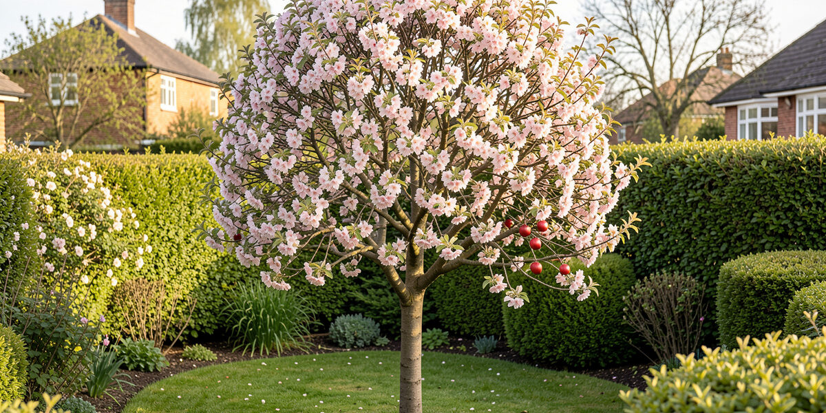 Small crab apple tree in full blossom with early red fruit in a compact suburban garden