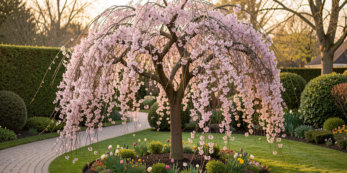 Small weeping cherry tree with cascading branches as the centerpiece of a tiny formal garden