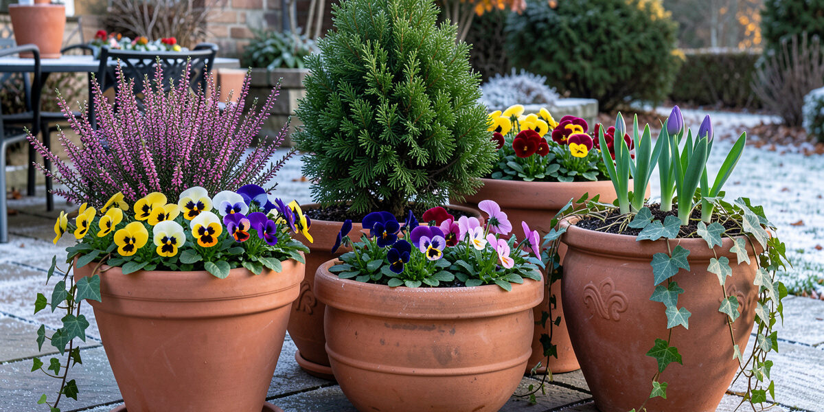 Frost-proof pots planted for year-round interest with winter pansies, heather, evergreen shrub and emerging spring bulbs