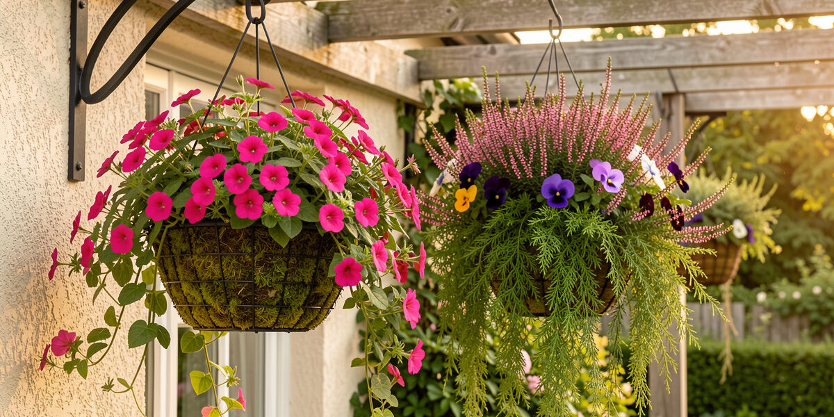 Hanging baskets on metal brackets showing seasonal variety, summer fuchsia and calibrachoa beside winter heather and violas