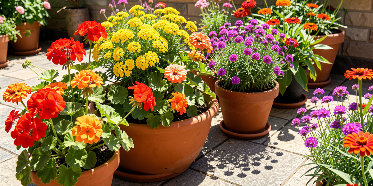 Heat-tolerant geraniums, lantana, verbena and zinnias blooming in terracotta pots on a sunny south-facing terrace