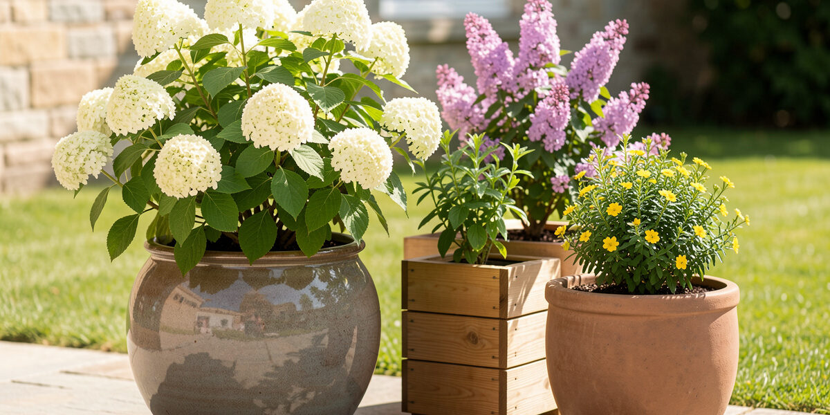 Dwarf hydrangea, lilac and potentilla shrubs growing in large containers on a sunny patio