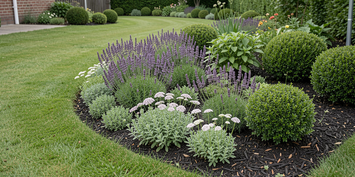 Compact border plants edging a small garden bed, lavender, dwarf catmint and clipped box along a curved lawn edge