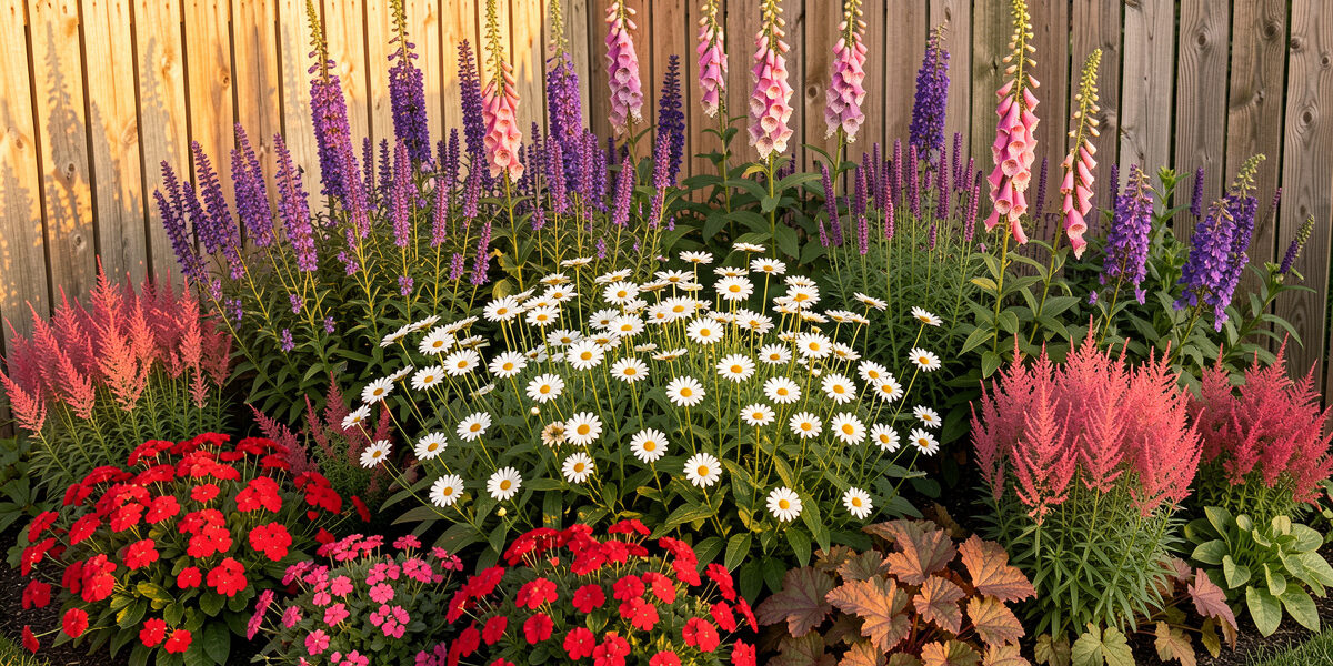 Layered mixed flower border scheme with tall salvia and foxgloves behind daisies, astilbe and low geraniums along a fence