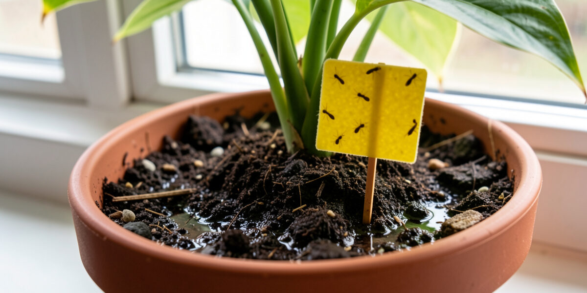 Houseplant pot with fungus gnats on damp soil and a yellow sticky trap card staked in the pot