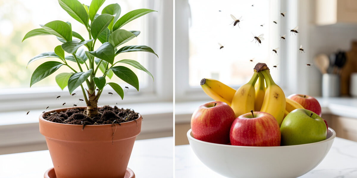Kitchen scene contrasting fungus gnats over a houseplant pot with fruit flies hovering above a fruit bowl