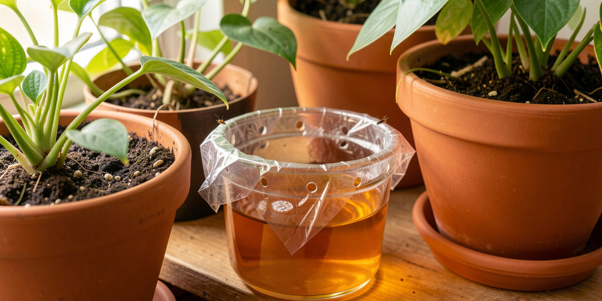Homemade fungus gnat traps made from cups of apple cider vinegar covered with pierced plastic wrap beside houseplant pots