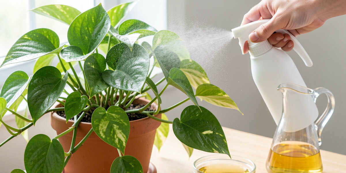 Spray bottle misting neem oil solution onto pothos houseplant foliage with mixing jug in the background