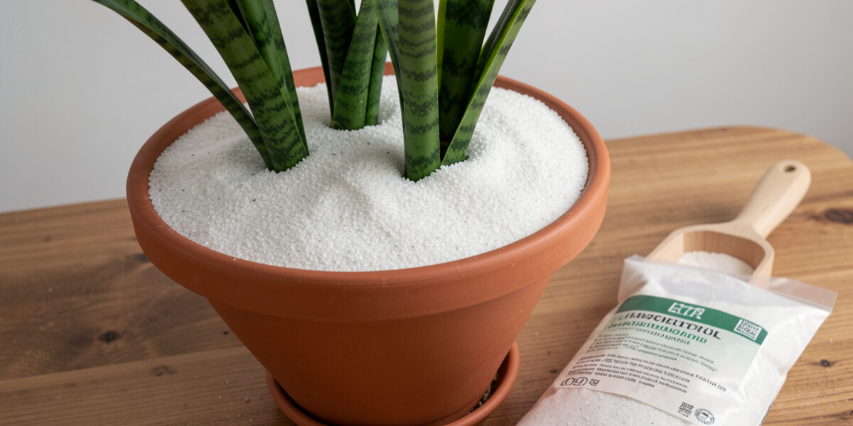White horticultural sand top dressing layer covering the soil of a potted snake plant with scoop and sand bag beside it