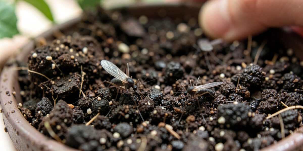 Macro close-up of tiny fungus gnats on damp houseplant soil with a hand resting on the pot rim