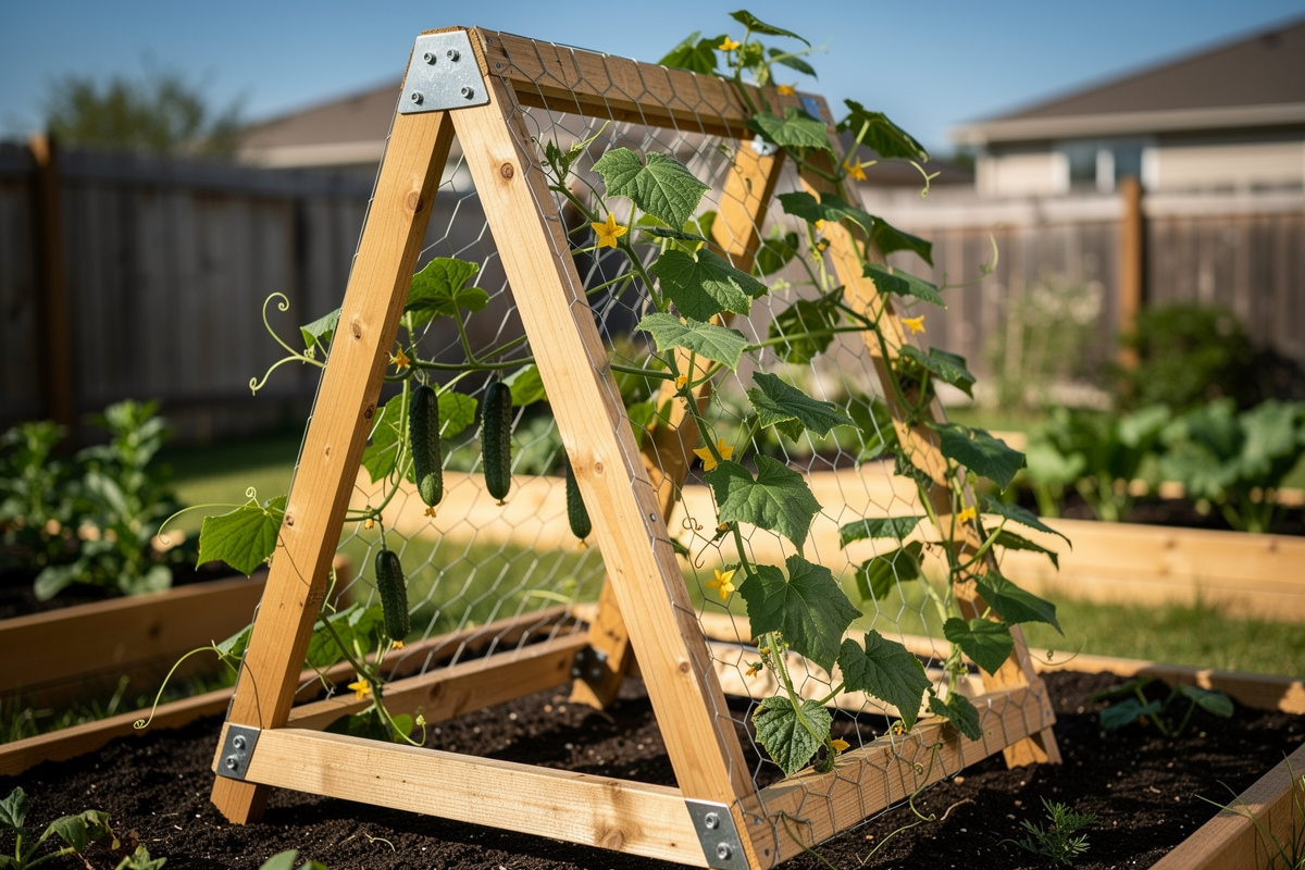 DIY A-frame trellis with cucumber vines climbing in backyard