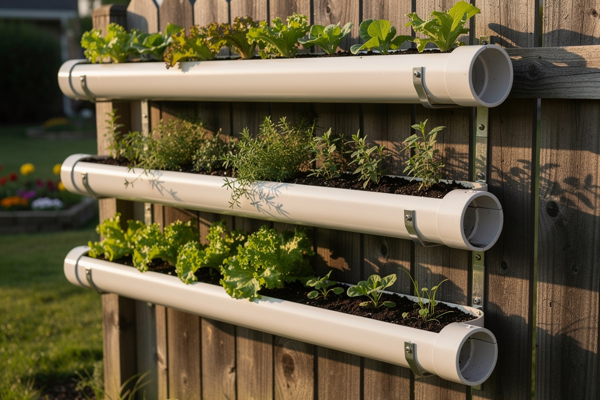 DIY rain gutter garden with three tiers of lettuce on a wooden fence