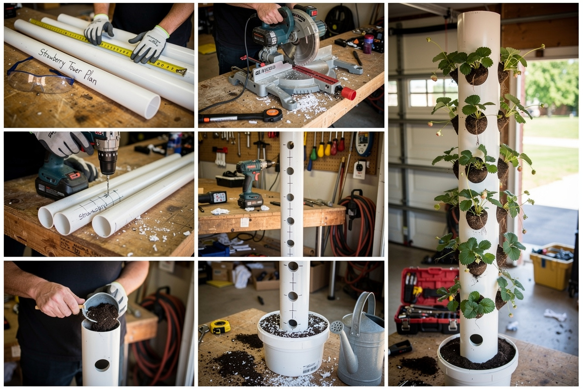 DIY PVC pipe vertical strawberry tower with plants growing from holes