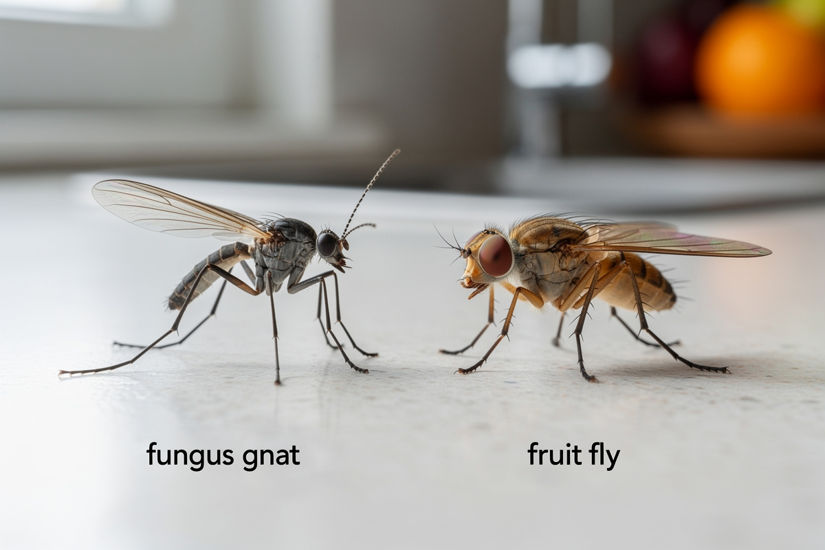 Comparison of fungus gnats versus fruit flies showing key identification differences