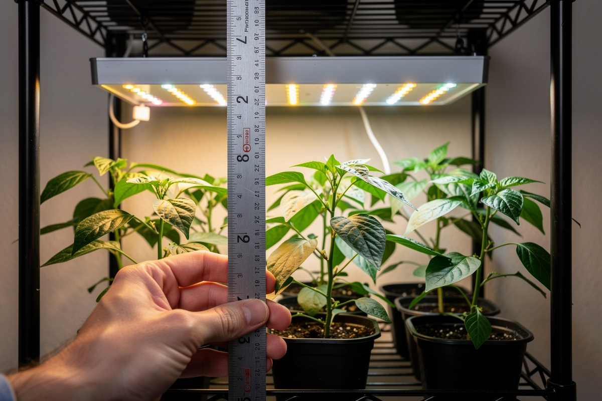 Measuring proper grow light distance above pepper plant canopy