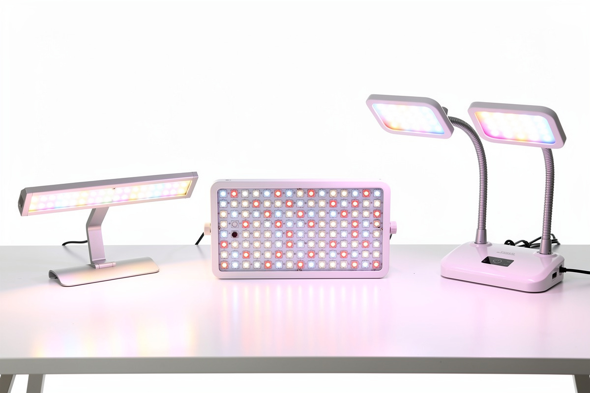 Different types of LED grow lights for indoor pepper growing compared side by side