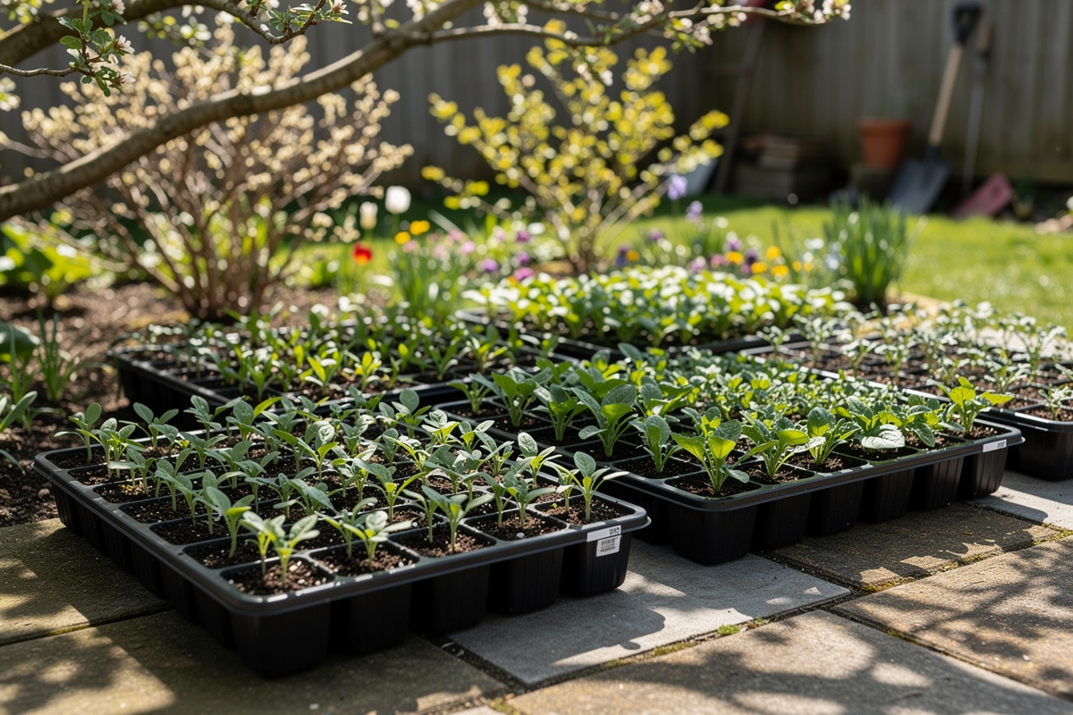 Seed trays placed outdoors in dappled sunlight for hardening off