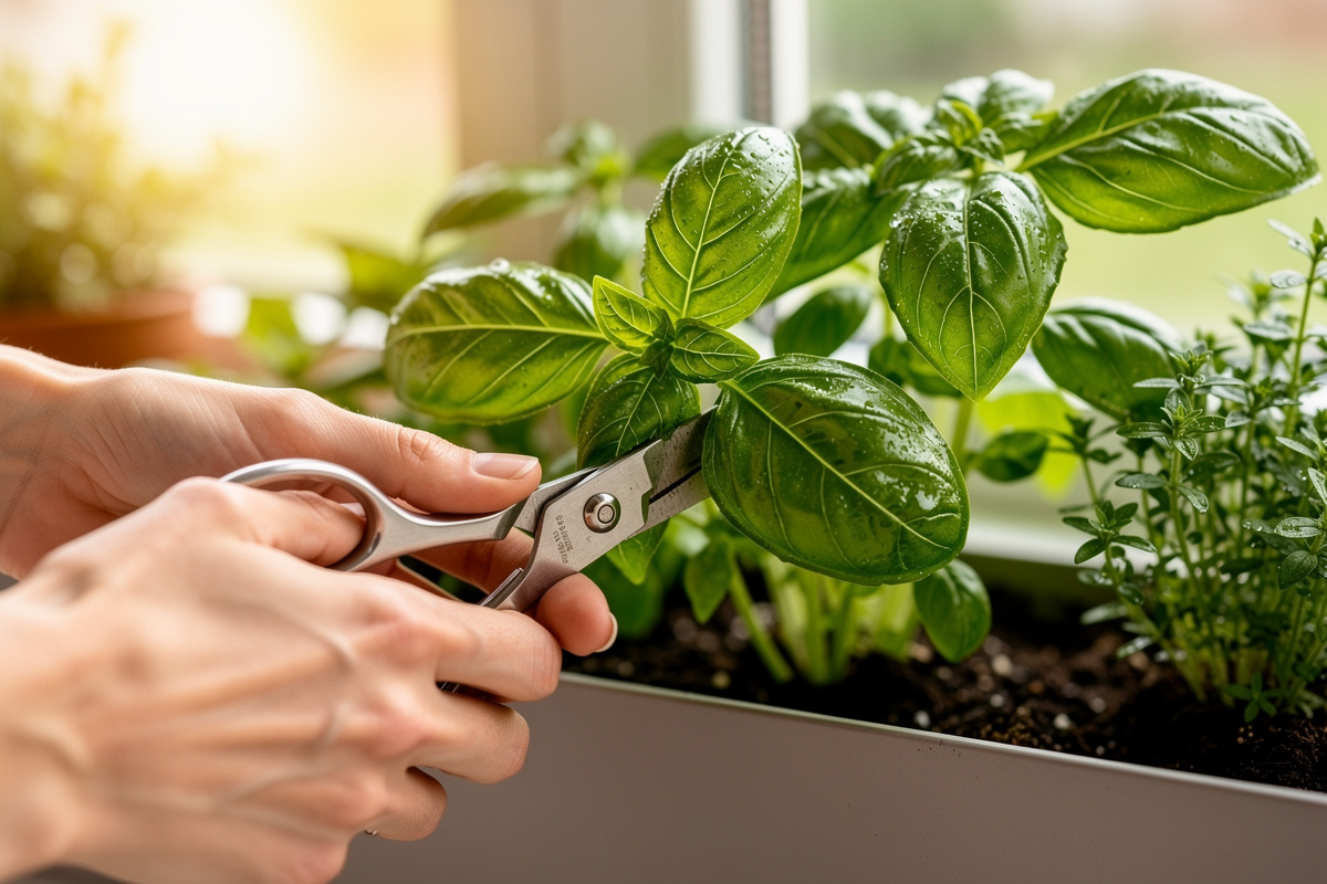 Hand harvesting fresh basil leaves from indoor container herb garden with scissors, close-up
