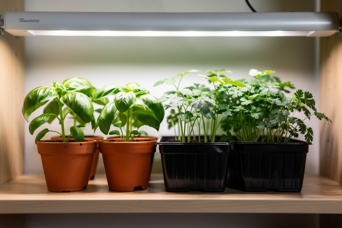Fresh basil and parsley seedlings in small pots under LED grow light on apartment shelf