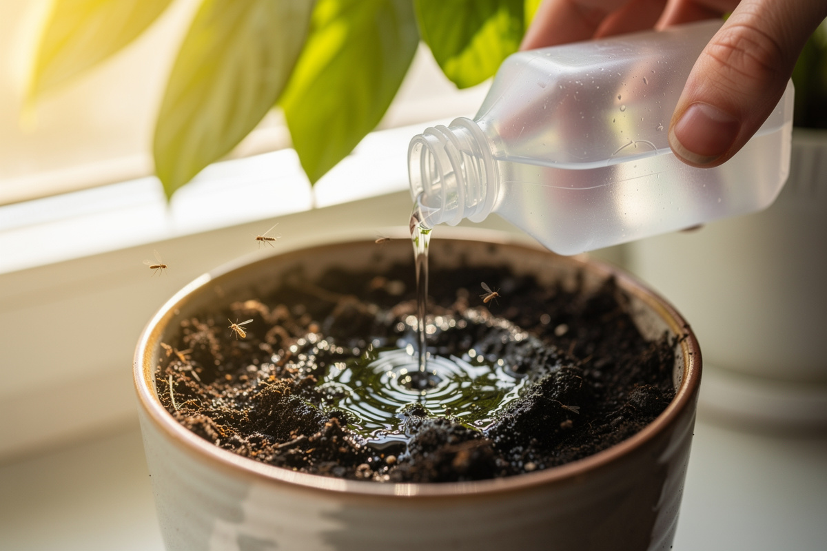 Hydrogen peroxide solution being poured into potted plant soil to kill fungus gnat larvae