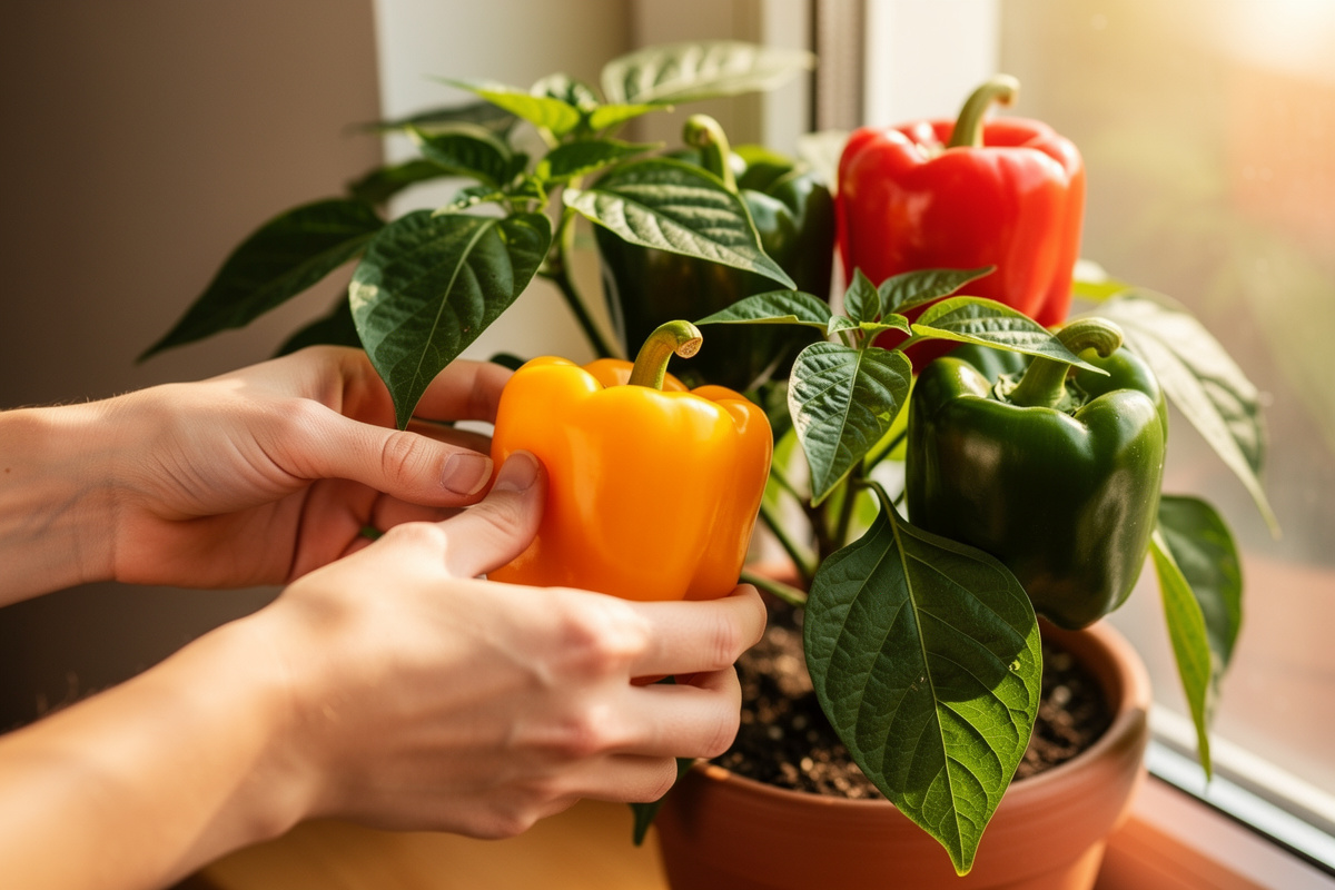 Harvesting ripe colorful peppers from an indoor container plant