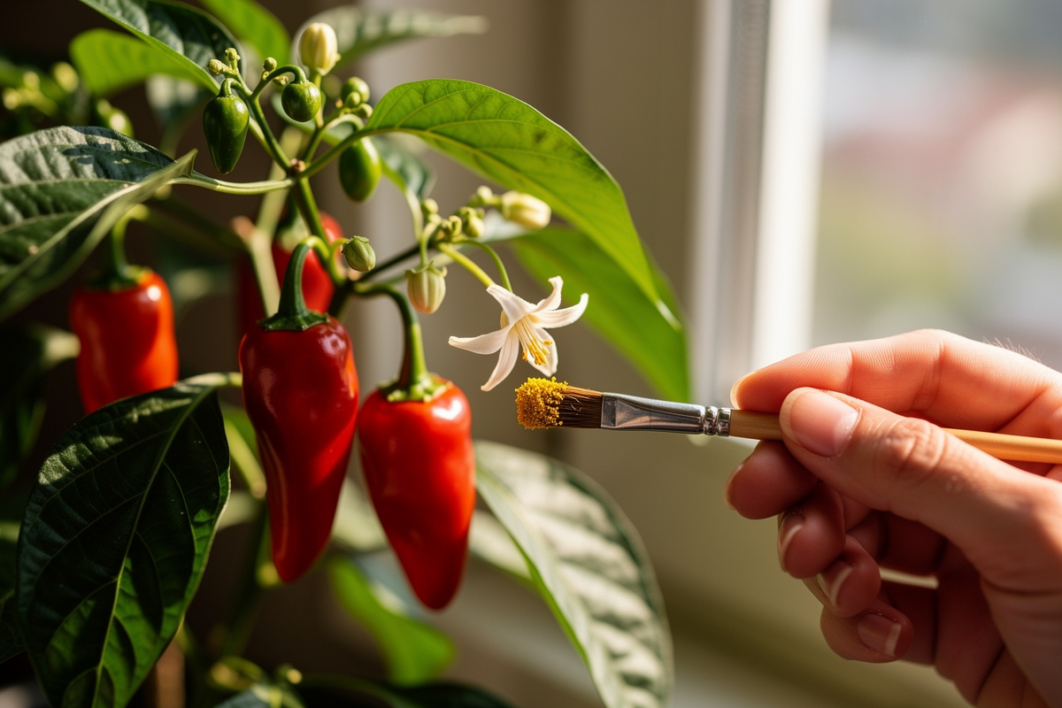 Hand-pollinating indoor pepper flowers with a small brush