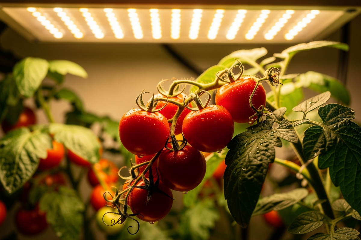 Ripe cherry tomatoes growing under LED grow lights indoors