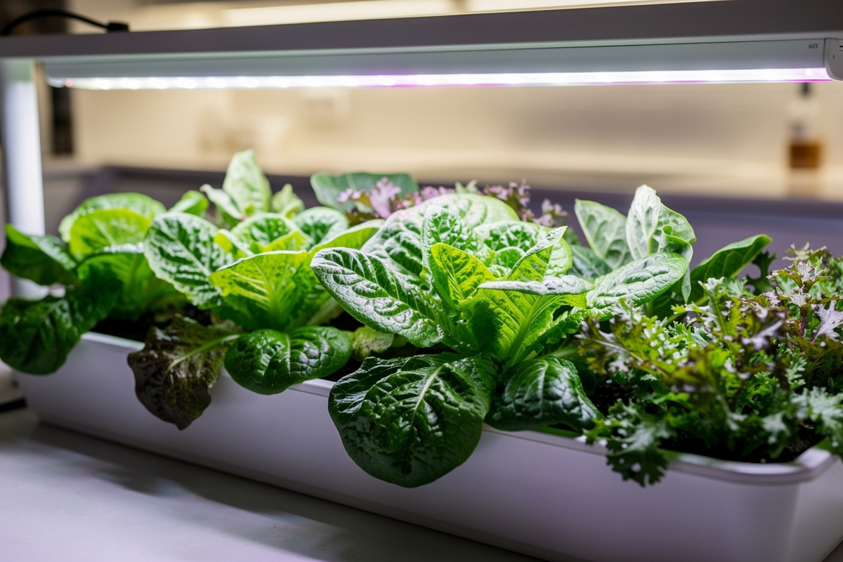 Mature lettuce and leafy greens under LED grow light bar