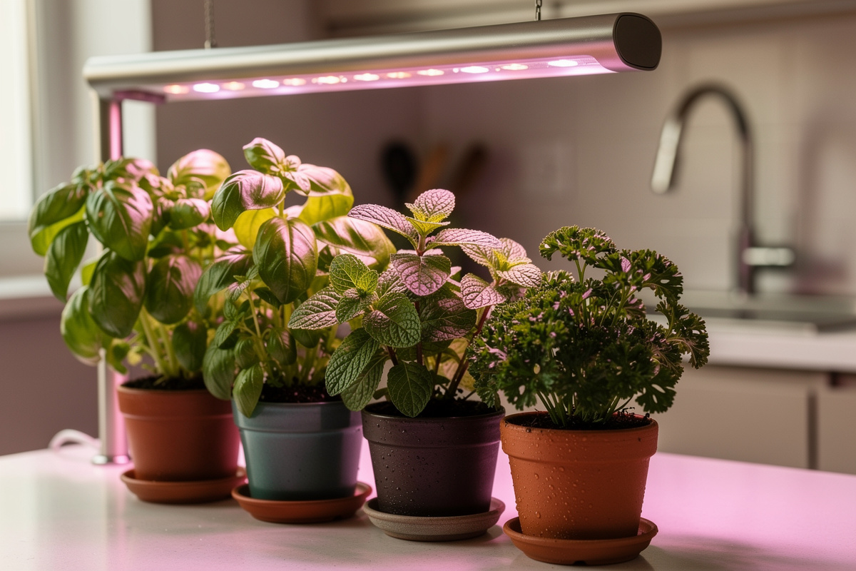 Indoor herb garden thriving under full spectrum LED grow light