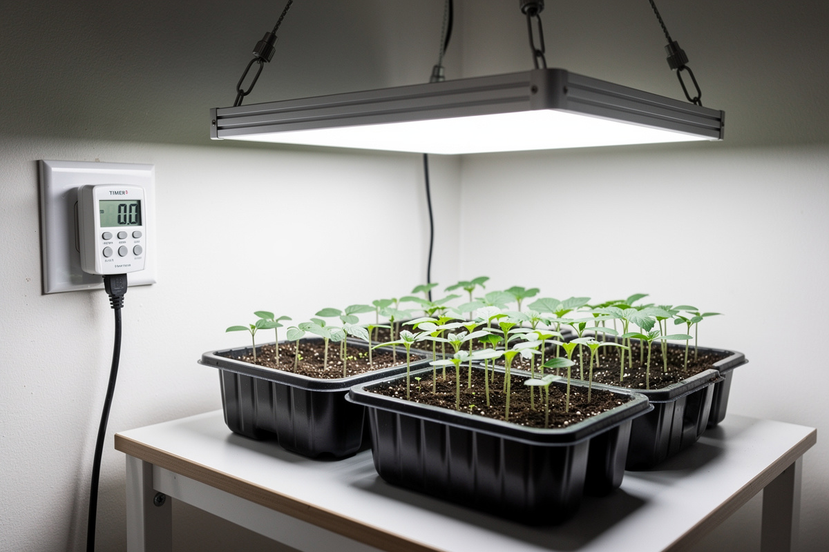 Grow light connected to timer for automated indoor plant lighting schedule