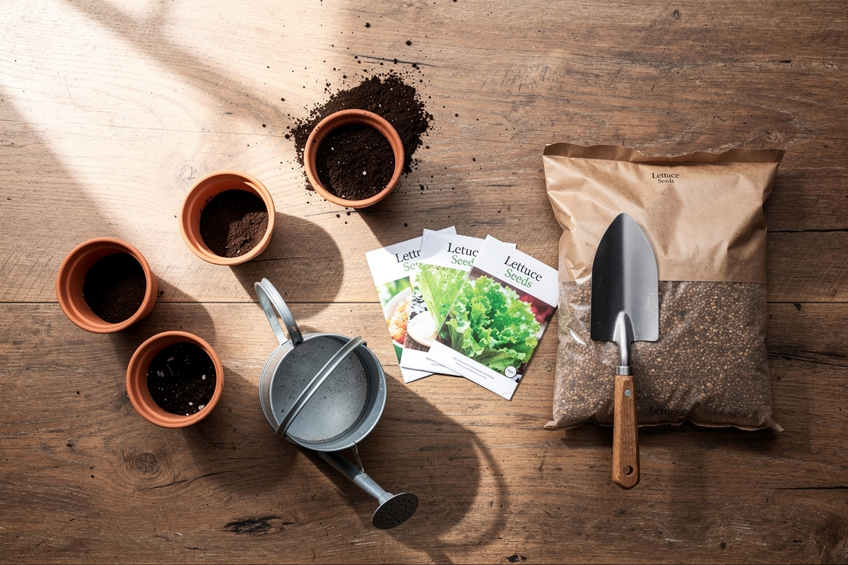 Lettuce growing supplies laid out on a wooden table including pots, soil, seed packets, watering can, and trowel