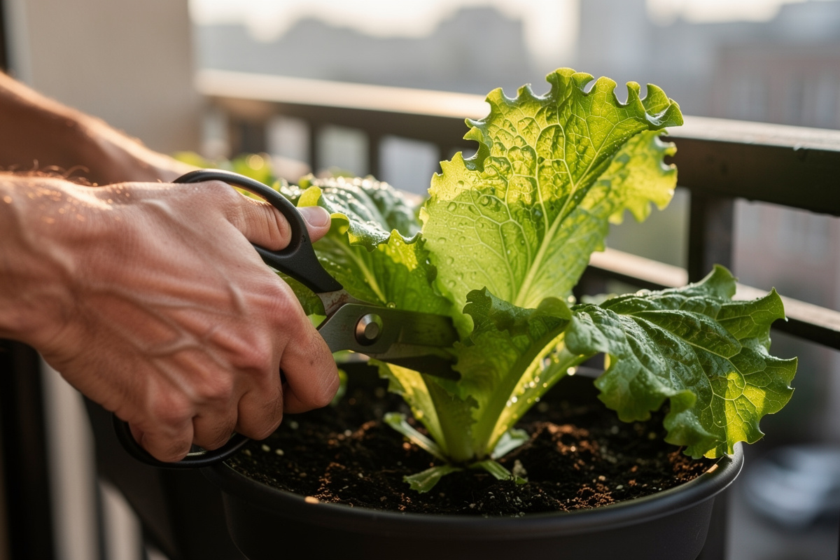 Hands harvesting lettuce leaves from a container pot using scissors